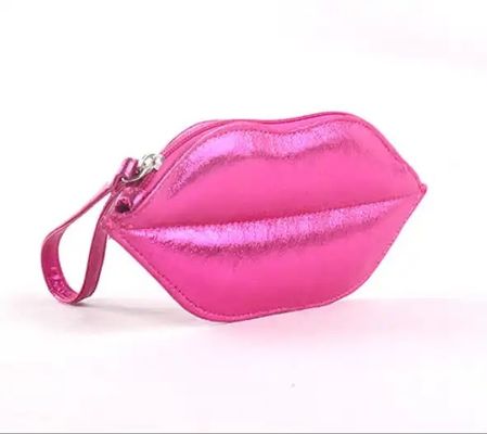 Custom Logo Hard PU Leather Lip Shaped Makeup Pouch Purple Pink Cosmetic Lip Bag