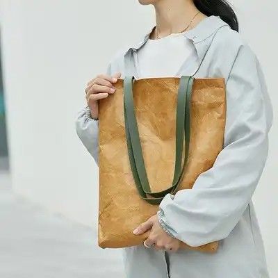 Brown Tyvek Paper Washable Tote Bags Sustainable Bio Degradable With Leather Handle Strap