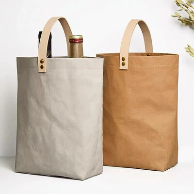 Customized Champagne Wine Handheld Bags with Logo Printing Washable Tear-resistant Kraft Paper Made Gift Bags