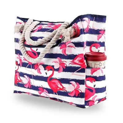 Custom Printed Waterproof Stripe Cotton Canvas Beach Bag With Grommet Rope Handle