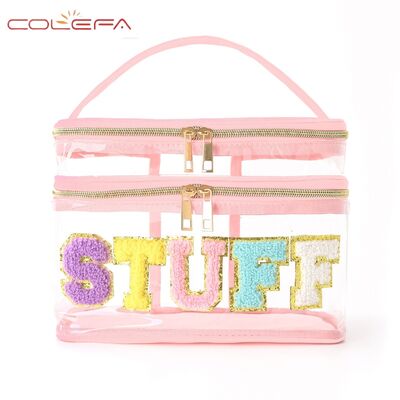 Embroidered Alphabet Storage Pouch PVC Transparent Double-Layer Makeup Bag Travel Toiletry Large Capacity Cosmetic Case
