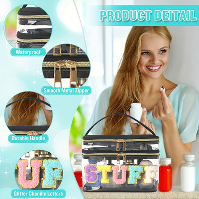 Embroidered Alphabet Storage Pouch PVC Transparent Double-Layer Makeup Bag Travel Toiletry Large Capacity Cosmetic Case