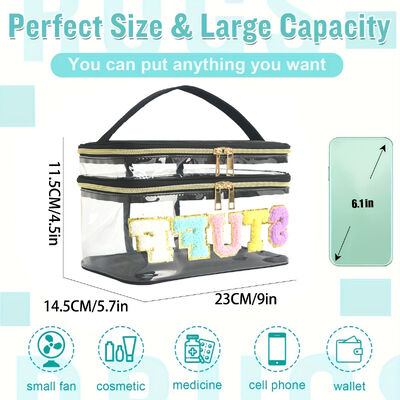 Embroidered Alphabet Storage Pouch PVC Transparent Double-Layer Makeup Bag Travel Toiletry Large Capacity Cosmetic Case