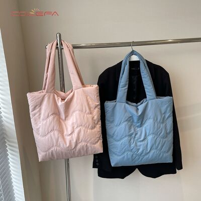 Soft Tote Bag for Women Commuting & Study Use Lightweight Nylon+Cotton-Filled Shoulder Tote Bag Solid Color Waterproof Handbag
